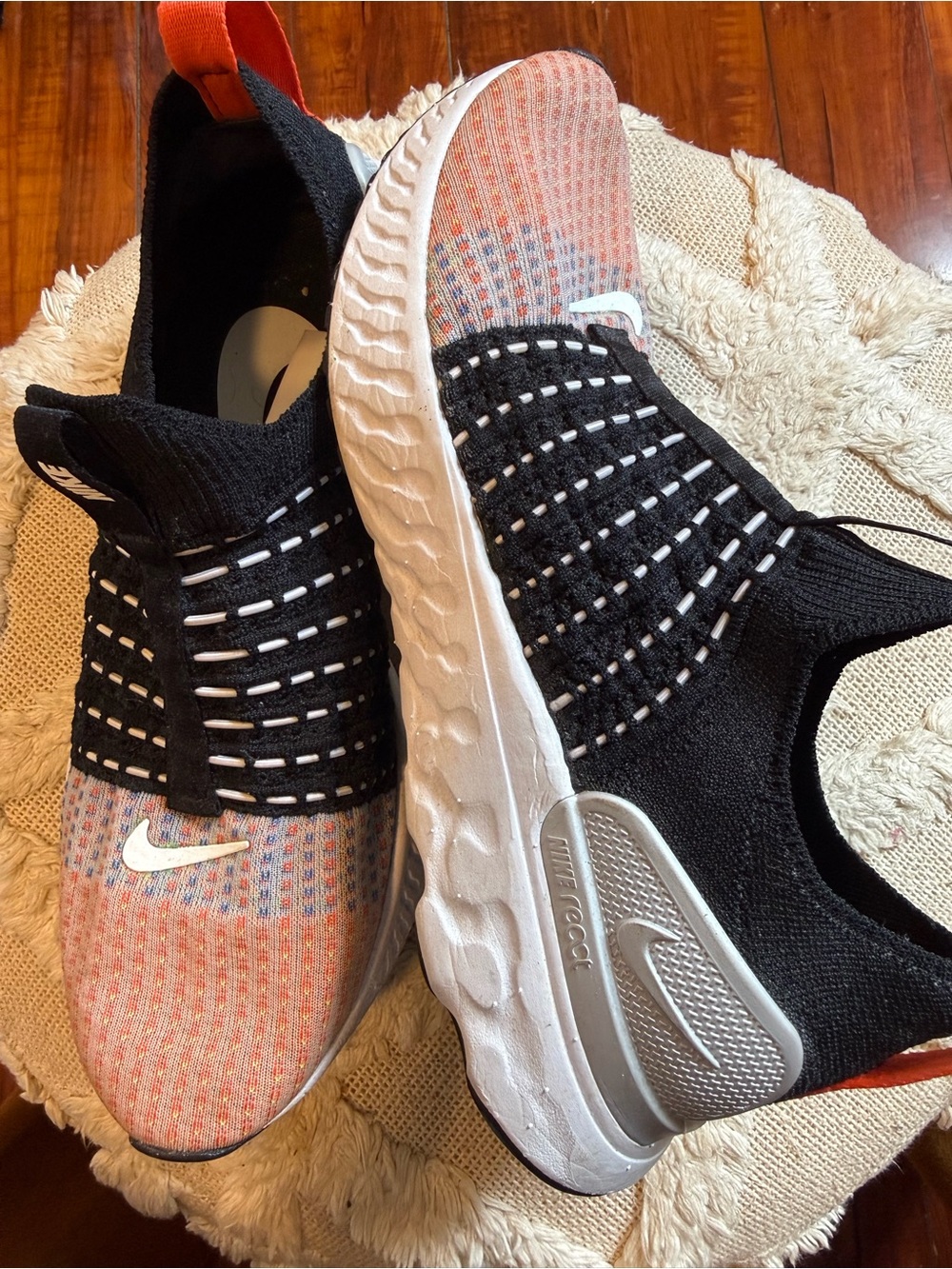 Nike Women's Black, Coral and White Knit Slip-On Athletic Sneakers